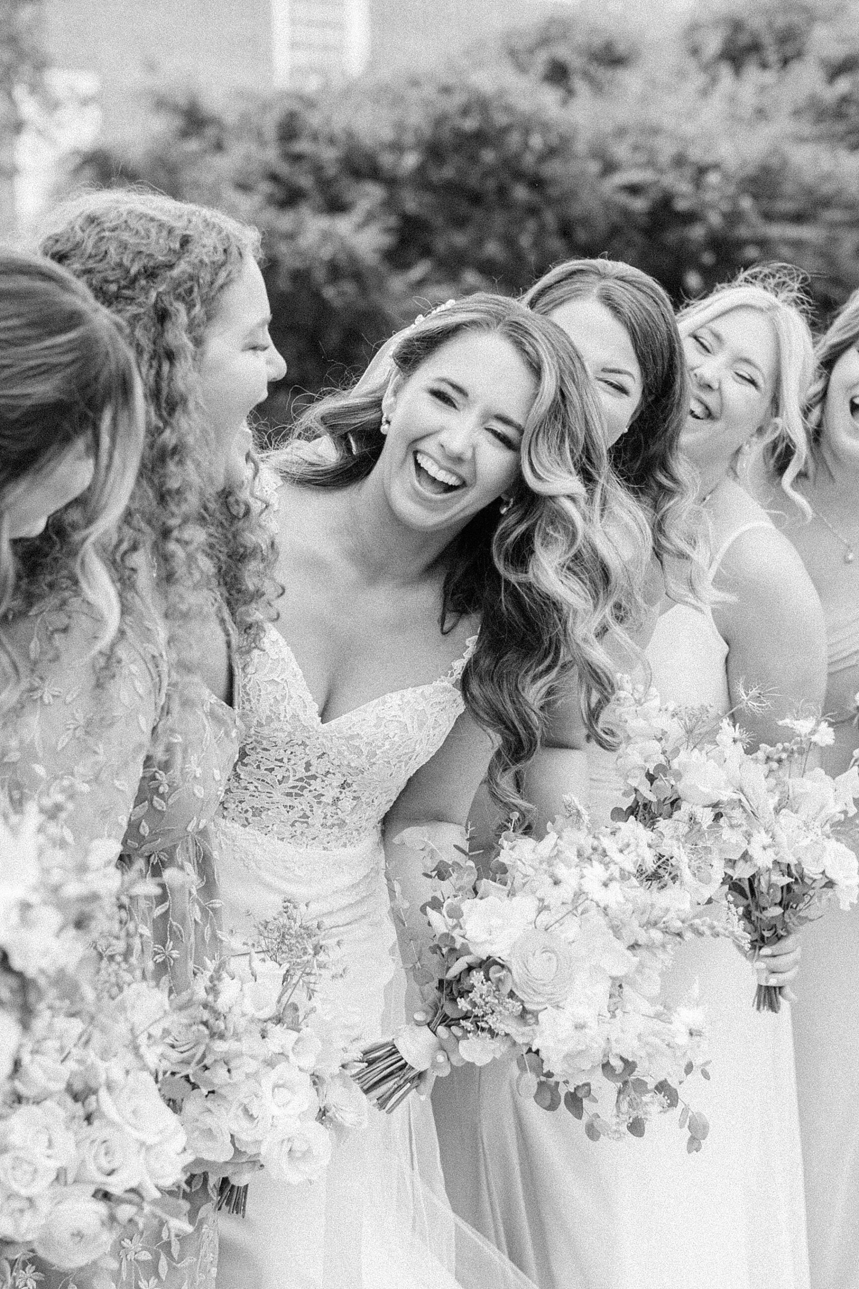 bride laughing black and white