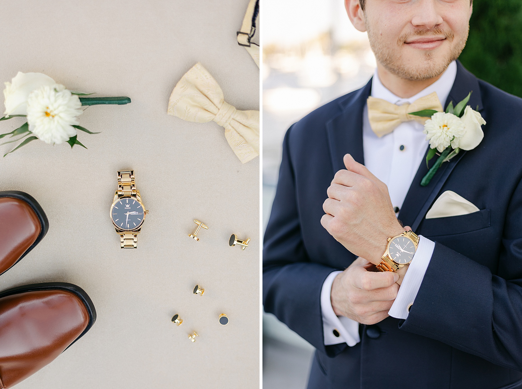 groom details wedding navy blue gold