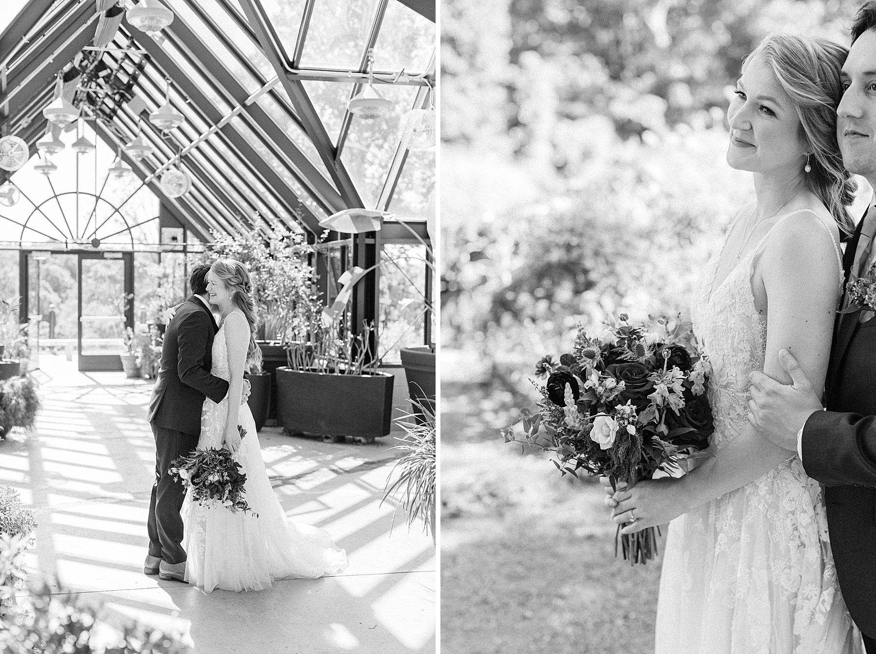 black and white bride and groom in greenhouse
