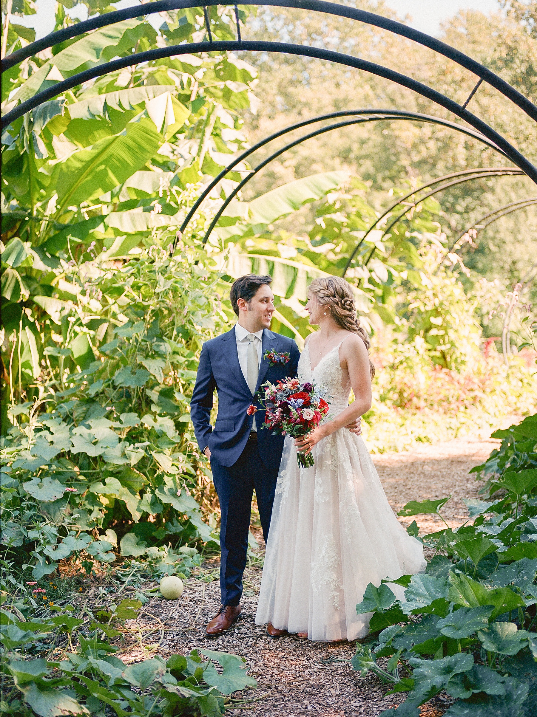 botanical gardens tunnel bride and groom portrait