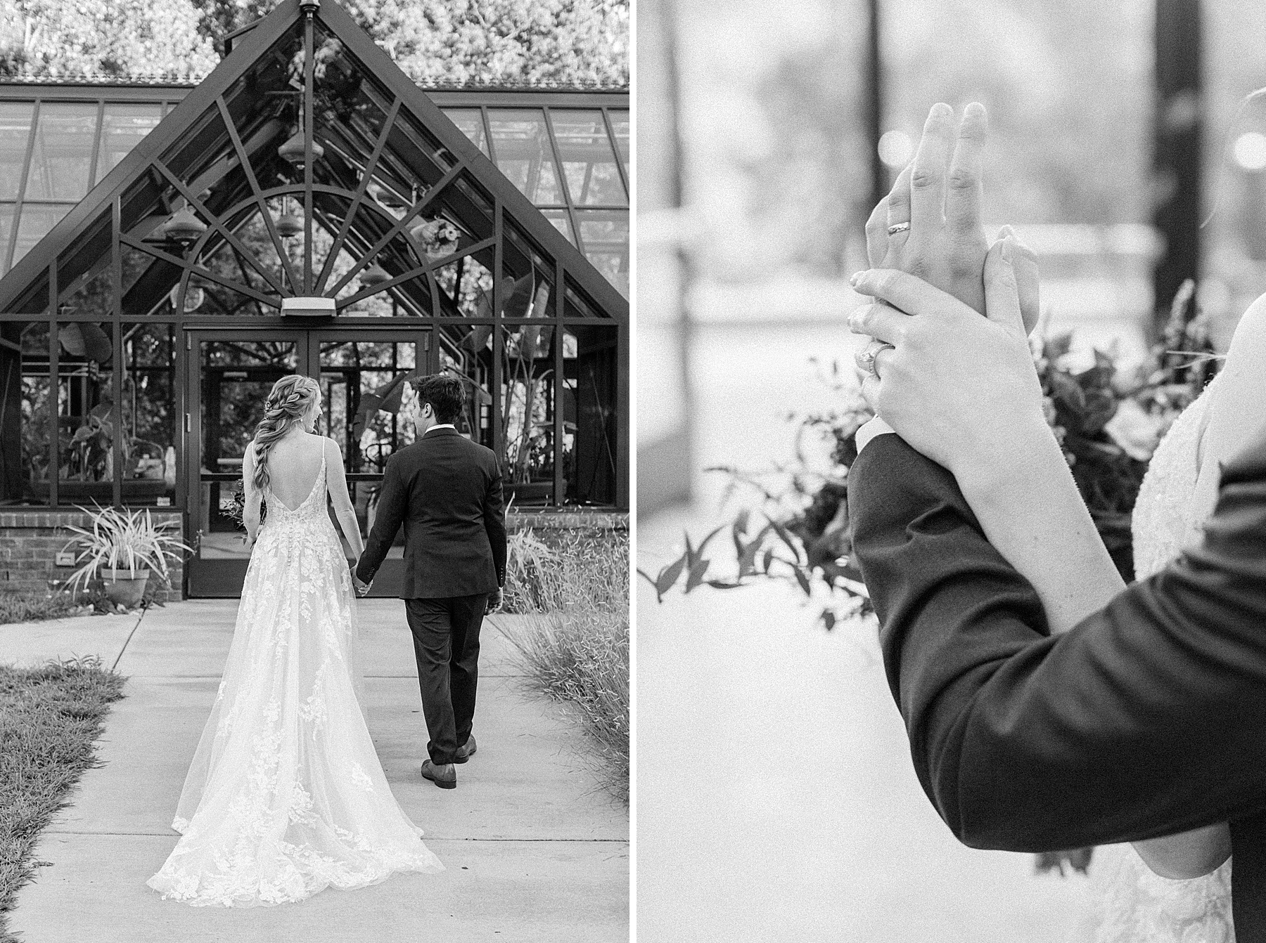 black and white bride and groom greenhouse portraits