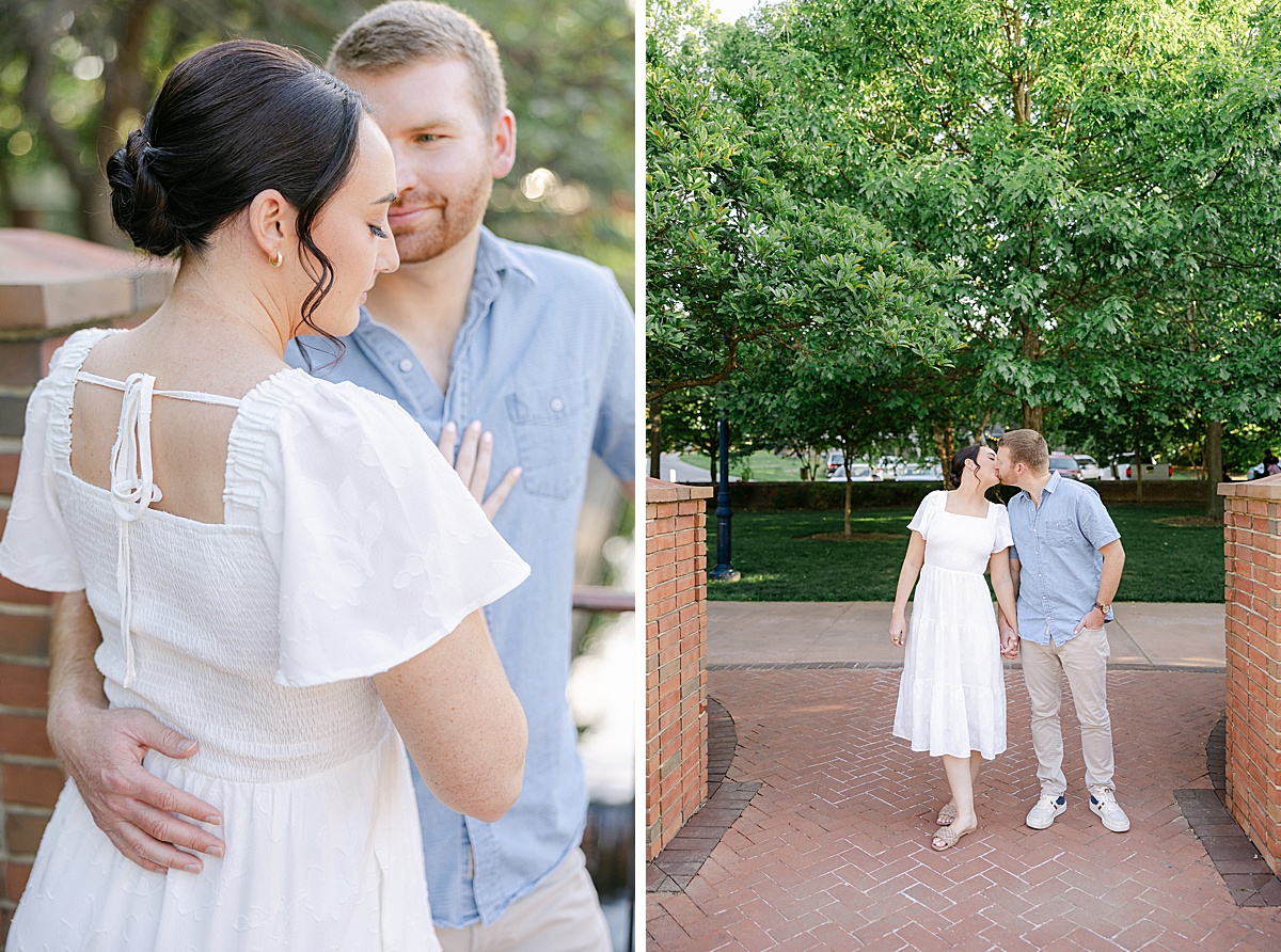 Laura and Ryan laughing candid engagement portrait downtown Frederick Maryland — Brittany Thomas Photography