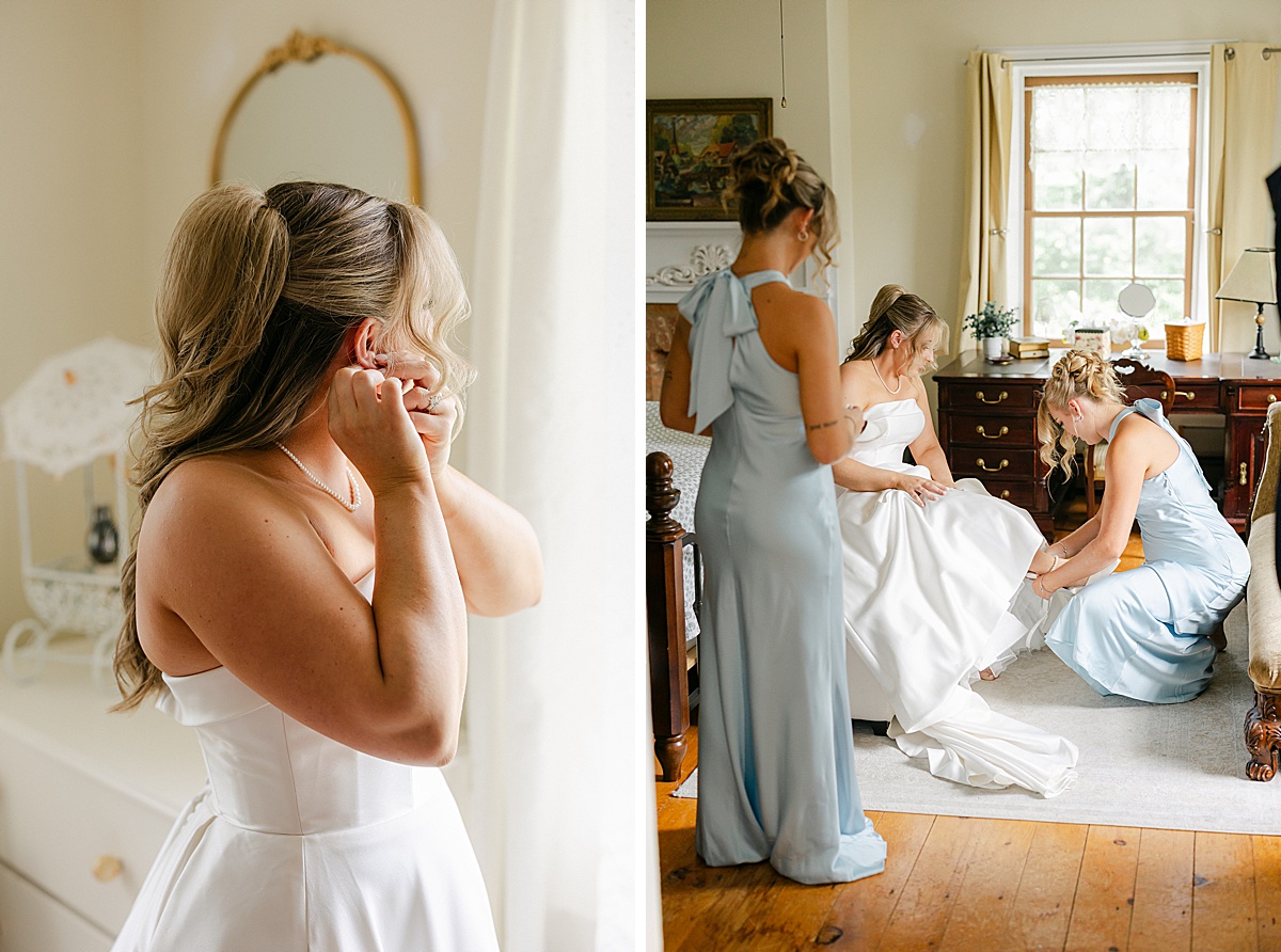 Bride looking in mirror during getting ready portraits at Westminster Maryland venue | Brittany Thomas Photography Maryland Wedding Photographer