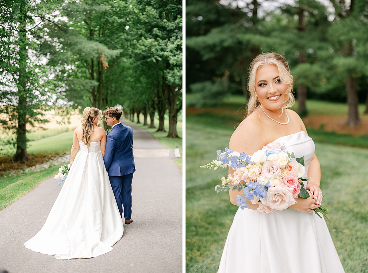 Couple walking hand in hand down tree-lined driveway at Westminster Maryland wedding | Brittany Thomas Photography Maryland Wedding Photographer