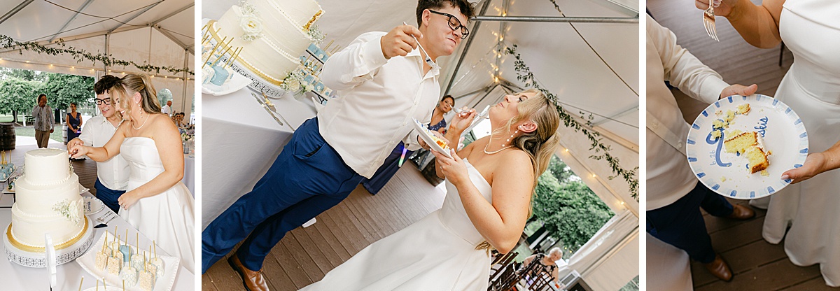 Cake cutting moment at ice blue and navy wedding reception in Westminster Maryland | Brittany Thomas Photography Maryland Wedding Photographer