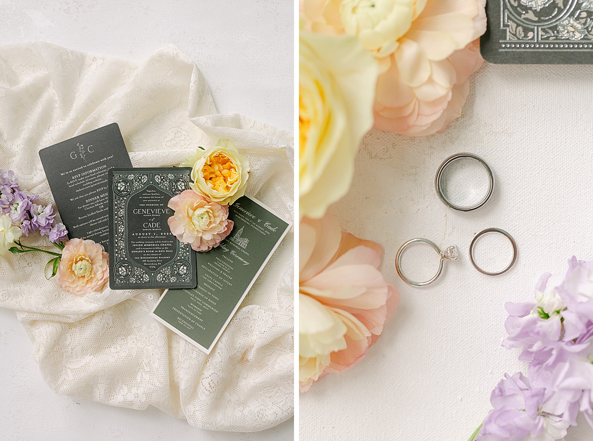 wedding invitation flay lay dark green at Inn at the Historic Lane House Mercersburg Pennsylvania | Brittany Thomas Photography Maryland Wedding Photographer