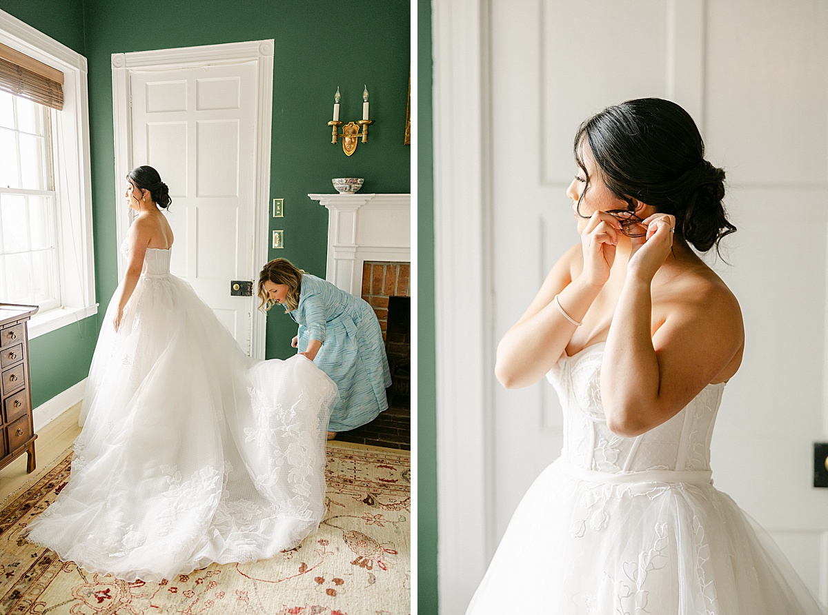 Bride getting ready in bridal suite at Inn at the Historic Lane House in Mercersburg Pennsylvania | Brittany Thomas Photography Maryland Wedding Photographer