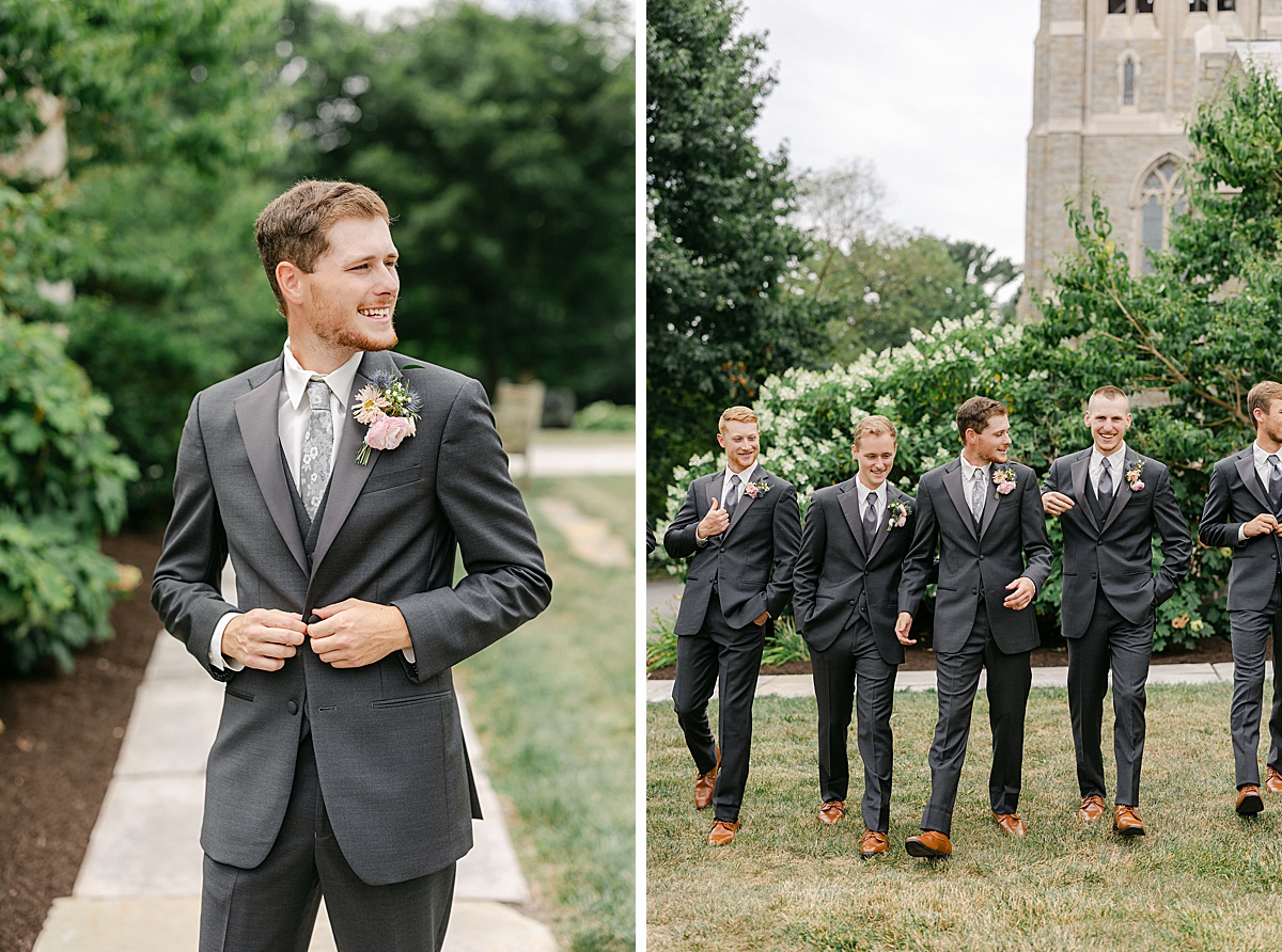 Groomsmen in gray suits outside Irvine Chapel at Mercersburg Academy Pennsylvania | Brittany Thomas Photography Maryland Wedding Photographer
