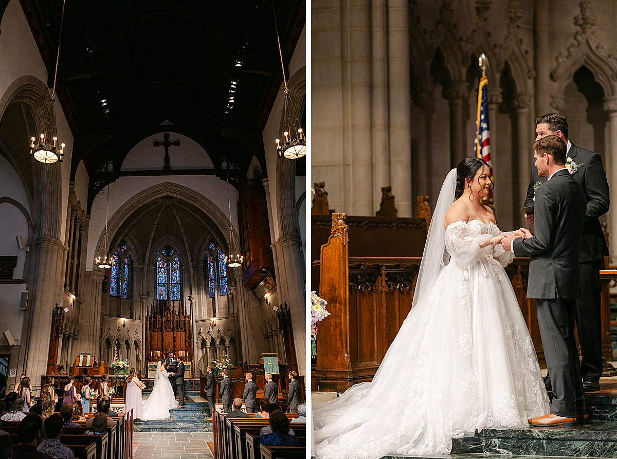 Bride and groom exchanging vows inside historic Gothic chapel at Mercersburg Academy Pennsylvania | Brittany Thomas Photography Maryland Wedding Photographer