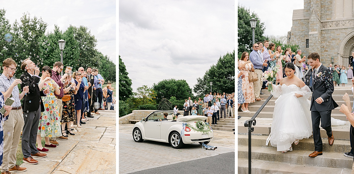 White VW Bug getaway car decorated with tin cans blue ribbons and floral wreath at Mercersburg Academy wedding | Brittany Thomas Photography Maryland Wedding Photographer