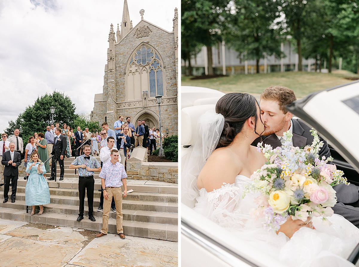 Bride and groom departing in flower covered white VW Bug at Mercersburg Academy Pennsylvania wedding | Brittany Thomas Photography Maryland Wedding Photographer