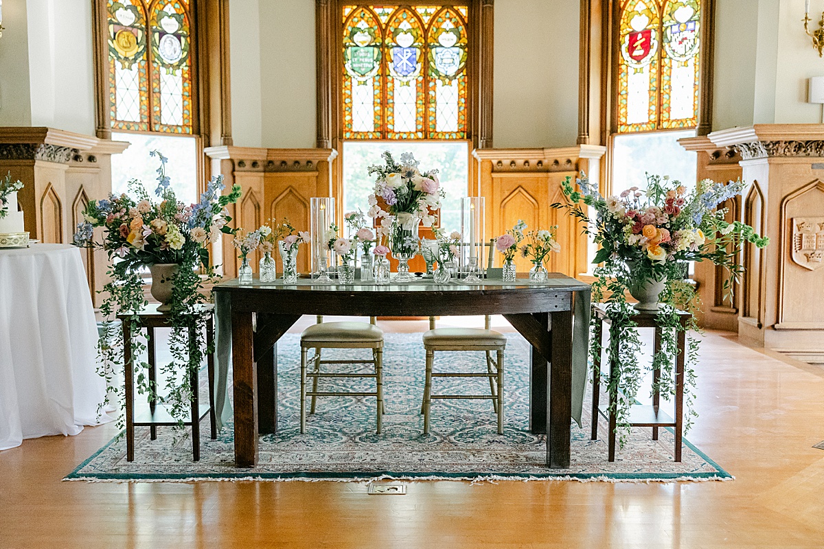 Keil Hall vaulted ceiling and Tiffany stained glass windows at Mercersburg Academy wedding reception | Brittany Thomas Photography Maryland Wedding Photographer