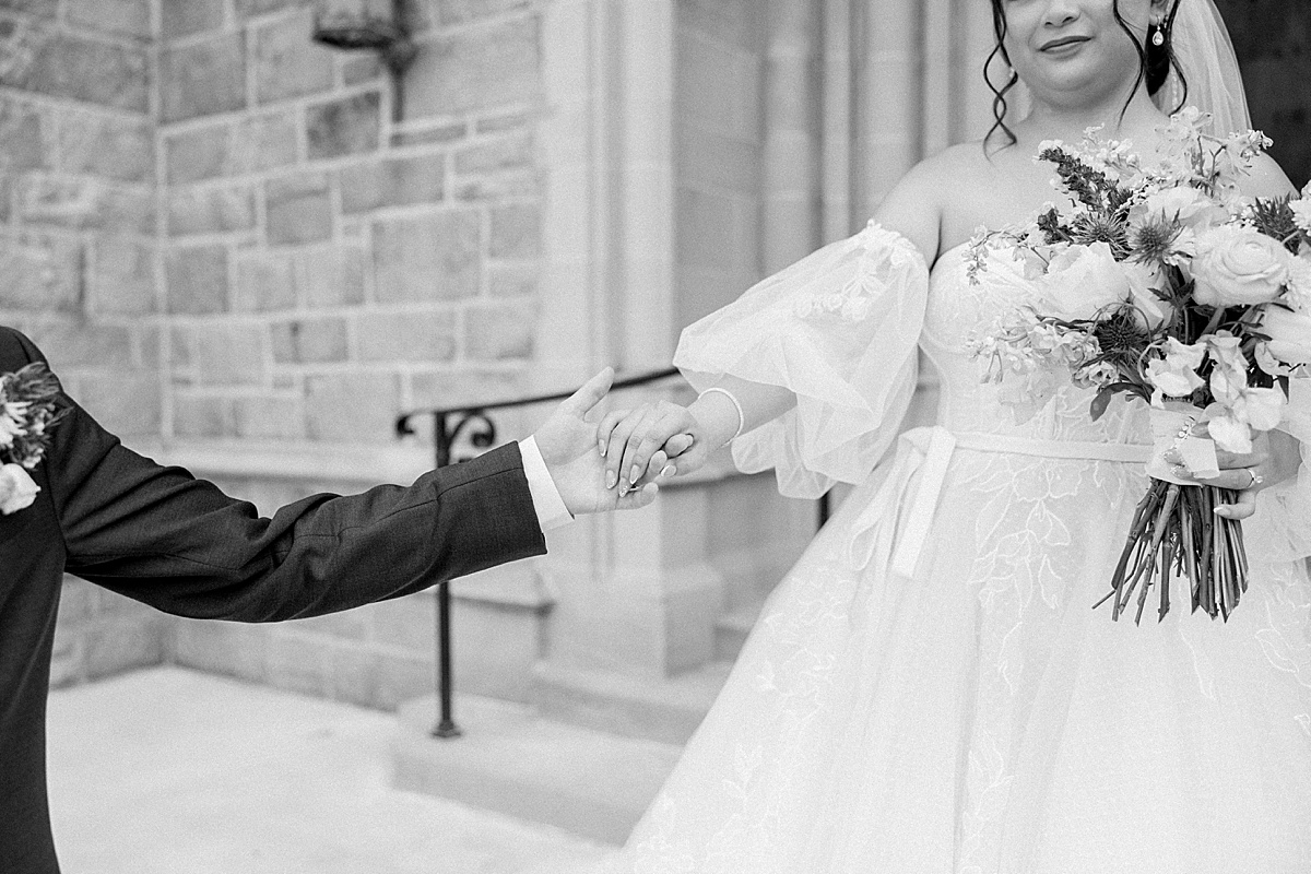 Bride in swiss dot gown with puffy sleeves during portraits at Mercersburg Academy Pennsylvania | Brittany Thomas Photography Maryland Wedding Photographer