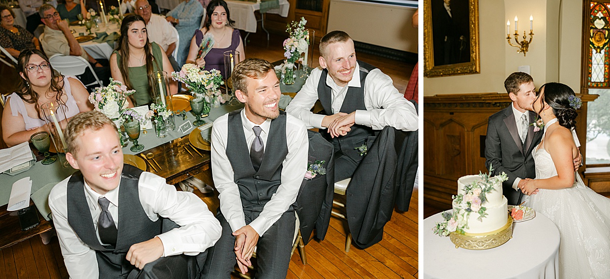 Cake cutting moment at colorful summer wedding reception at Keil Hall Mercersburg Pennsylvania | Brittany Thomas Photography Maryland Wedding Photographer
