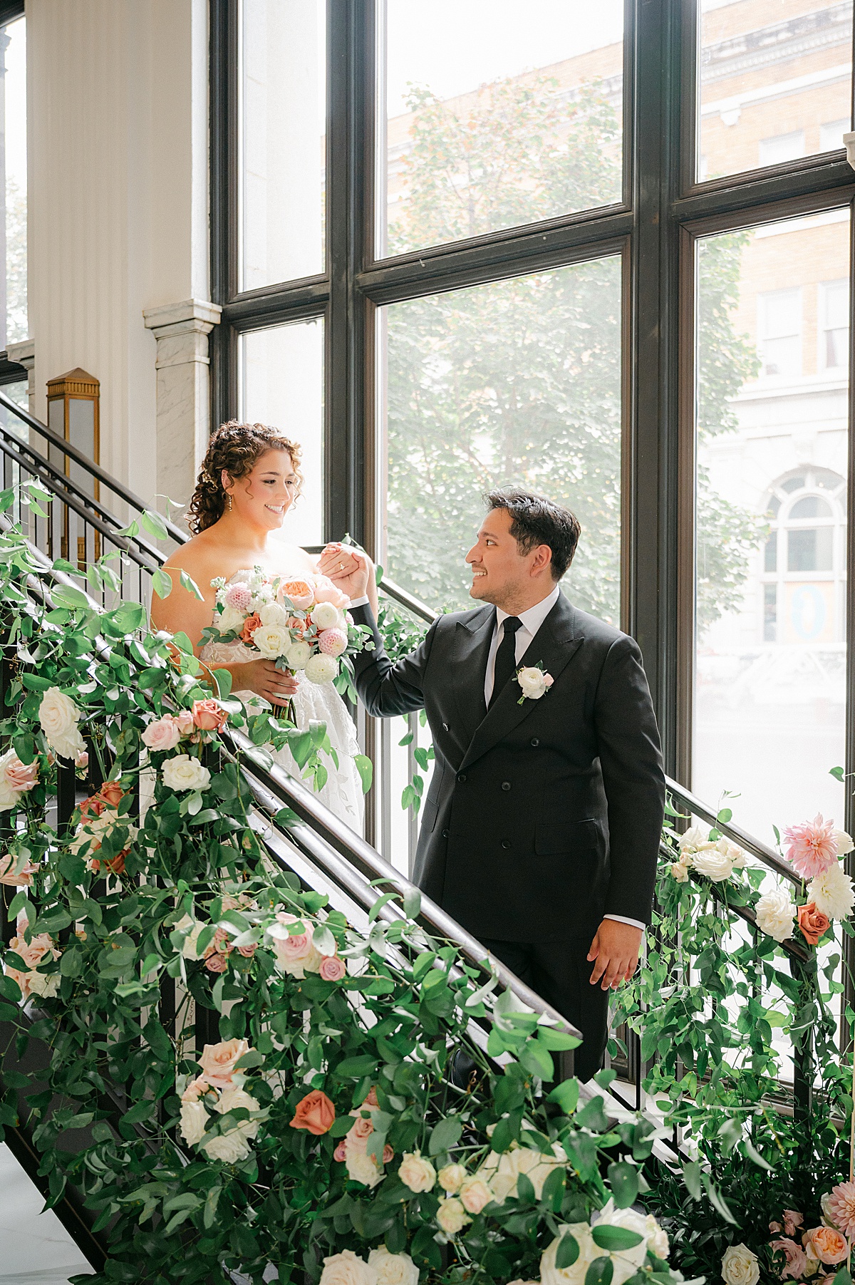 couples portraits on staircase Citizens Ballroom in Frederick MD Brittany Thomas Photography